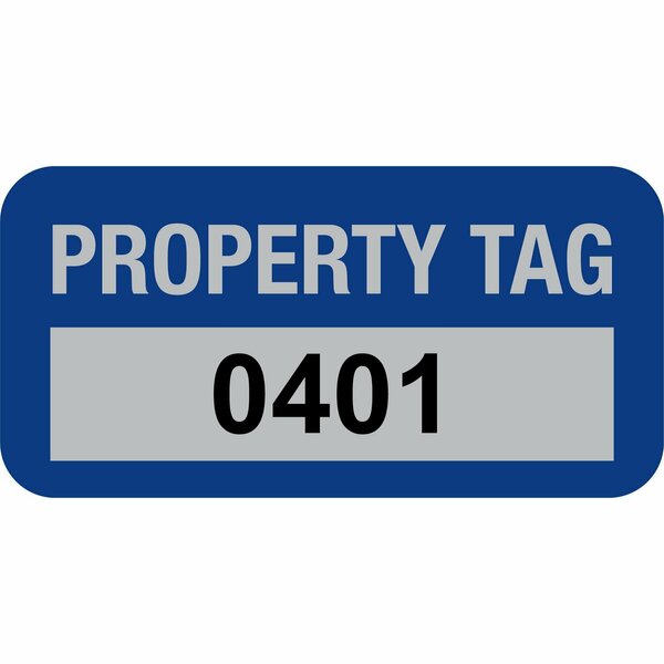 Lustre-Cal Property ID Label PROPERTY TAG5 Alum Dark Blue 1.50in x 0.75in  Serialized 0401-0500, 100PK 253769Ma1Bd0401